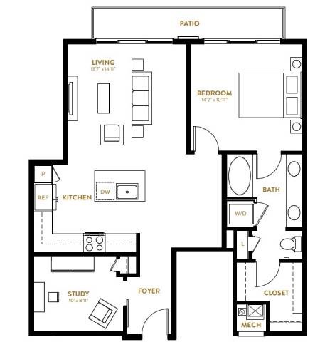 Floor plan for 1 bed, 1 bath, 965 sqft