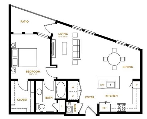 Floor plan for 1 bed, 1 bath, 823 sqft
