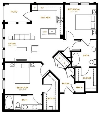 Floor plan for 2 beds, 2 baths, 1079 sqft