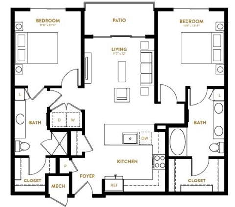 Floor plan for 2 beds, 2 baths, 1067 sqft