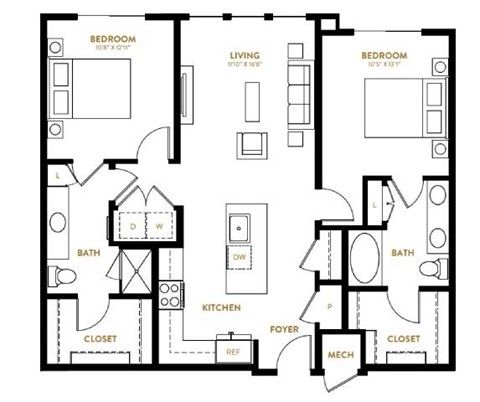 Floor plan for 2 beds, 2 baths, 1105 sqft