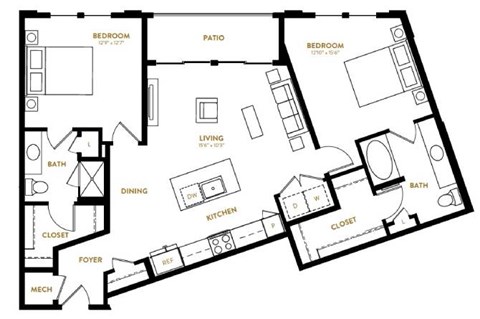 Floor plan for 2 beds, 2 baths, 1161 sqft
