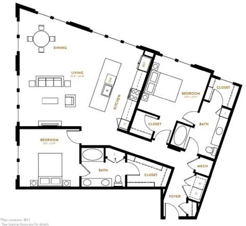 Floor plan for 2 beds, 2 baths, 1527 sqft
