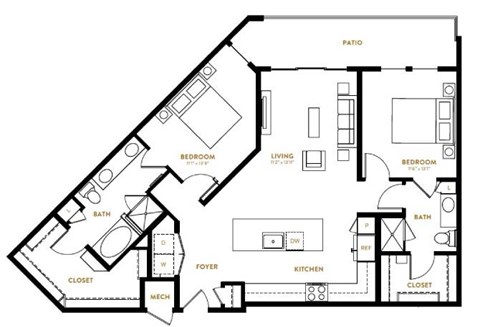 Floor plan for 2 beds, 2 baths, 1210 sqft