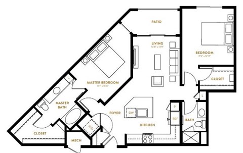 Floor plan for 2 beds, 2 baths, 1078 sqft