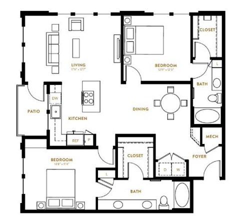 Floor plan for 2 beds, 2 baths, 1257 sqft
