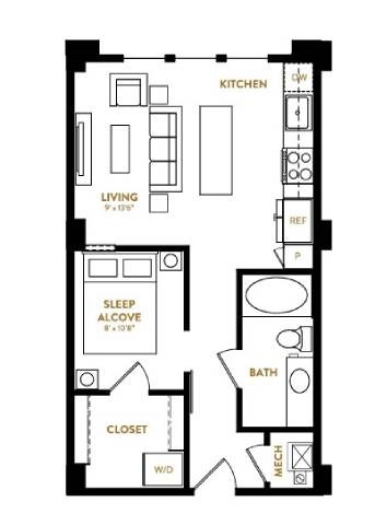 Floor plan for studio, 1 bath, 574 sqft