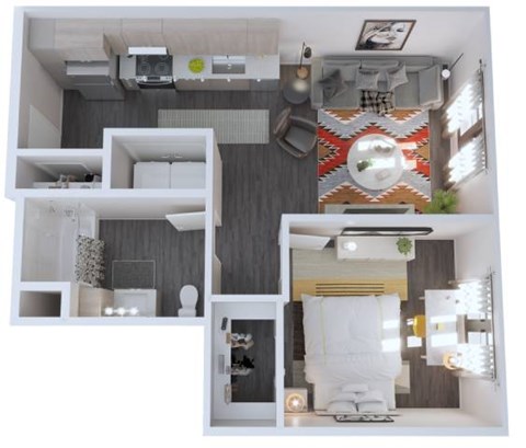 Floor plan for 1 bed, 1 bath, 615 sqft