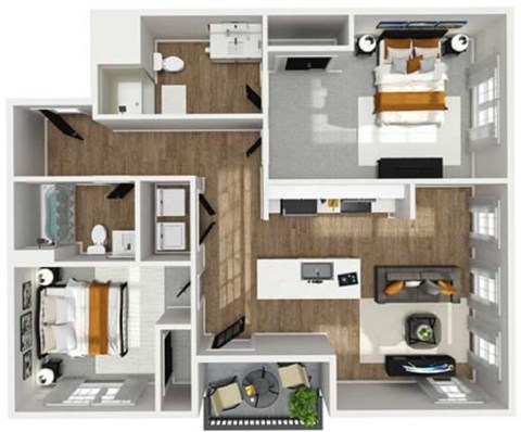 Floor plan for 2 beds, 2 baths, 1031 sqft