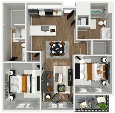 Floor plan for 2 beds, 2 baths, 1100 sqft
