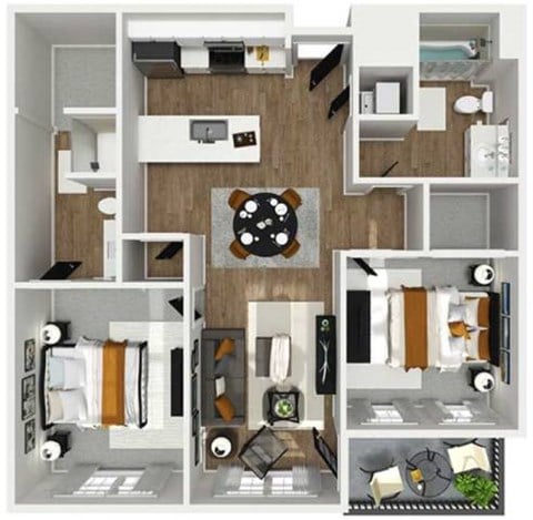 Floor plan for 2 beds, 2 baths, 1107 sqft