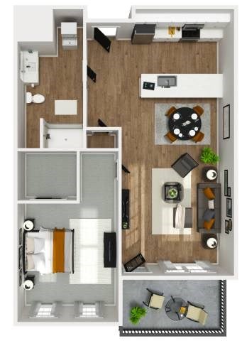 Floor plan for 1 bed, 1 bath, 718 sqft
