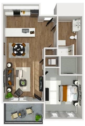 Floor plan for 1 bed, 1 bath, 741 sqft