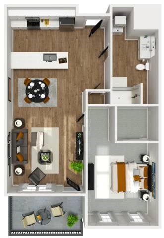 Floor plan for 1 bed, 1 bath, 758 sqft