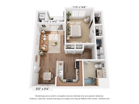Floor plan for 1 bed, 1 bath, 742 sqft