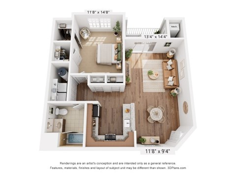 Floor plan for 1 bed, 1 bath, 857 sqft