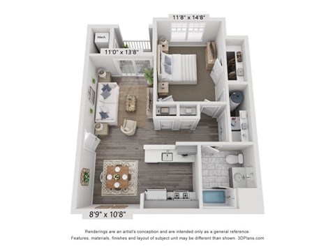 Floor plan for 1 bed, 1 bath, 724 sqft
