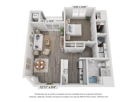 Floor plan for 1 bed, 1 bath, 845 sqft