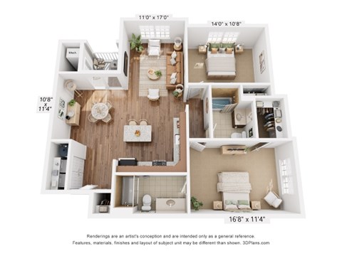 Floor plan for 2 beds, 2 baths, 1149 sqft