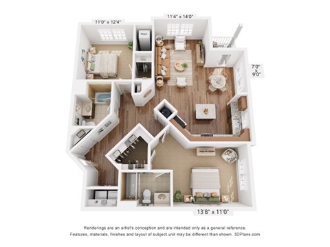 Floor plan for 2 beds, 2 baths, 1214 sqft