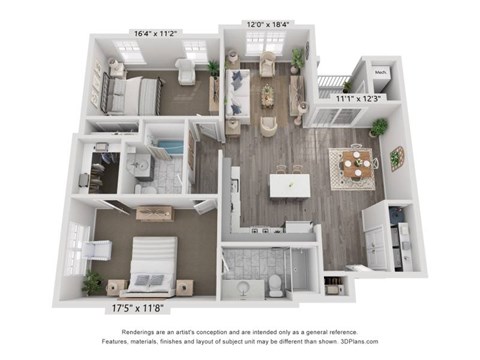 Floor plan for 2 beds, 2 baths, 1175 sqft