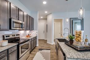 Spring apartment for rent - A modern kitchen with dark wood cabinets and granite countertops.