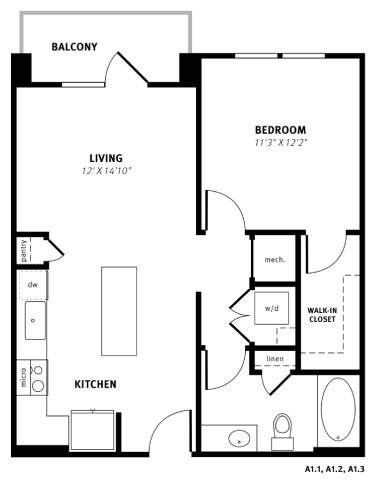 Floor plan for 1 bed, 1 bath, 686 sqft