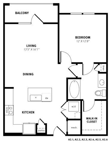 Floor plan for 1 bed, 1 bath, 794 sqft