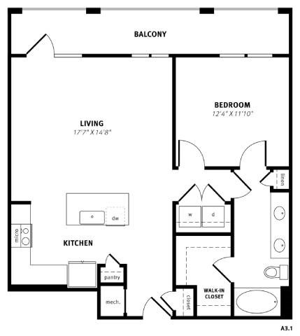 Floor plan for 1 bed, 1 bath, 859 sqft