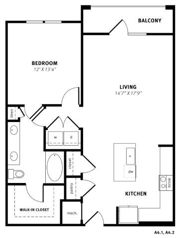 Floor plan for 1 bed, 1 bath, 891 sqft