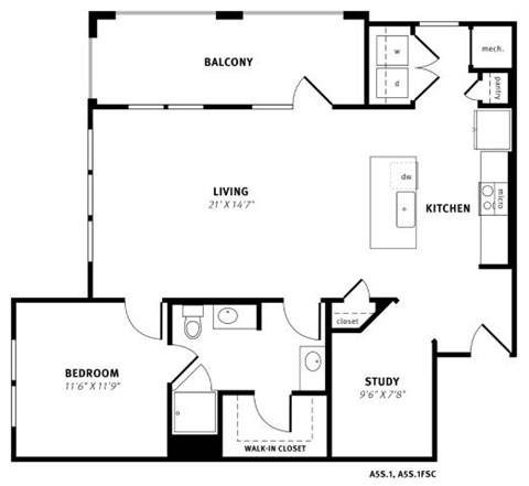 Floor plan for 1 bed, 1 bath, 989 sqft