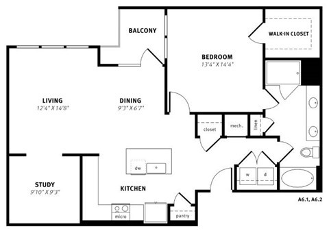 Floor plan for 1 bed, 1 bath, 1117 sqft