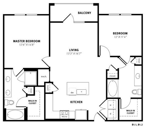 Floor plan for 2 beds, 2 baths, 1143 sqft