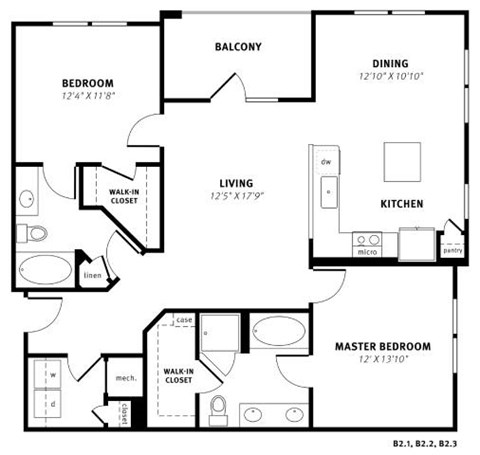 Floor plan for 2 beds, 2 baths, 1265 sqft