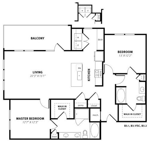 Floor plan for 2 beds, 2 baths, 1334 sqft