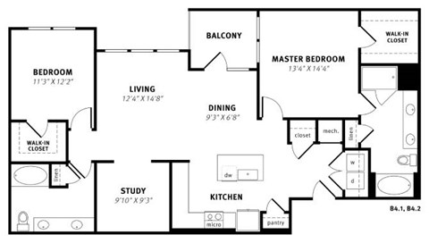 Floor plan for 2 beds, 2 baths, 1441 sqft