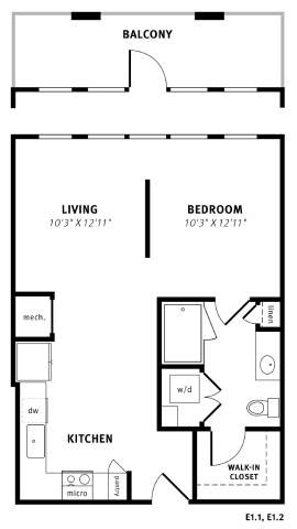 Floor plan for studio, 1 bath, 665 sqft
