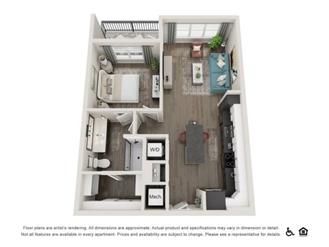 Floor plan for 1 bed, 1 bath, 748 sqft