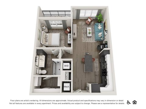 Floor plan for 1 bed, 1 bath, 802 sqft
