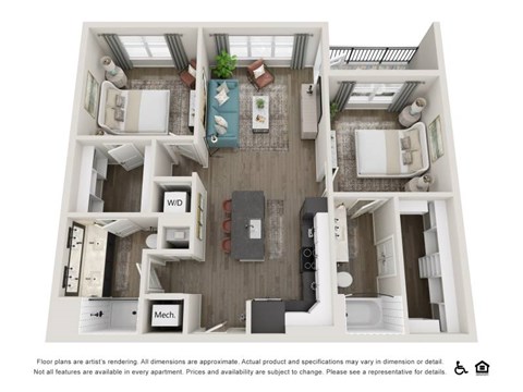 Floor plan for 2 beds, 2 baths, 1053 sqft