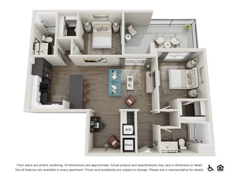 Floor plan for 2 beds, 2 baths, 1210 sqft