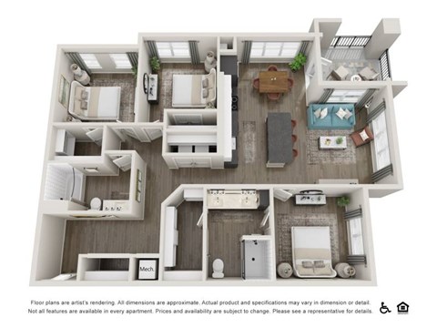 Floor plan for 3 beds, 2 baths, 1524 sqft