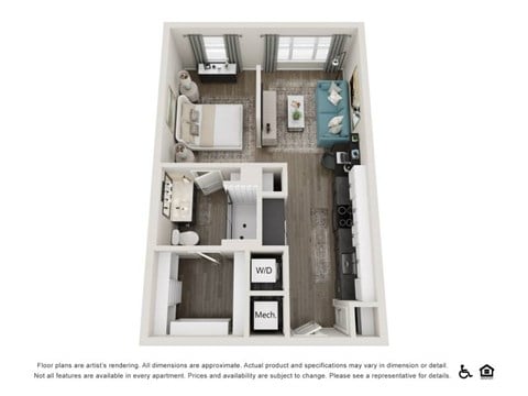 Floor plan for studio, 1 bath, 617 sqft