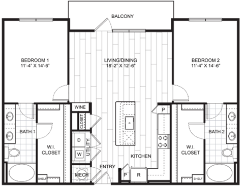 Floor plan for 2 beds, 2 baths, 1210 sqft
