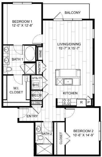 Floor plan for 2 beds, 2 baths, 1210 sqft