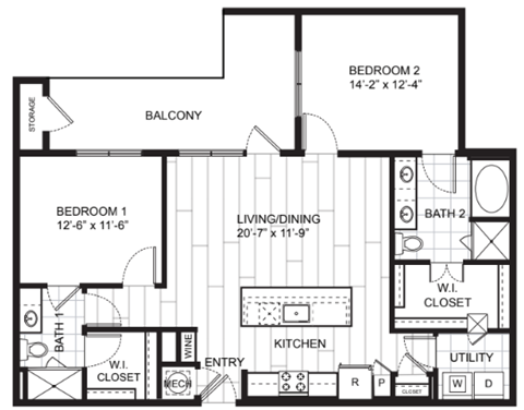 Floor plan for 2 beds, 2 baths, 1222 sqft