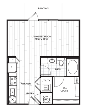 Floor plan for studio, 1 bath, 567 sqft