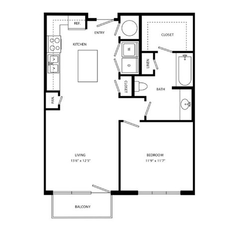 Floor plan for 1 bed, 1 bath, 751 sqft