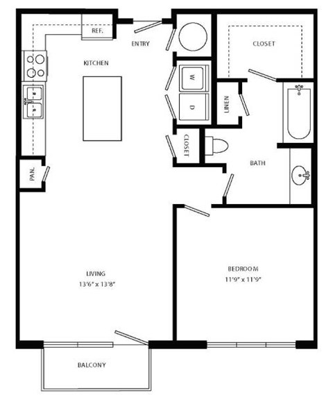 Floor plan for 1 bed, 1 bath, 797 sqft