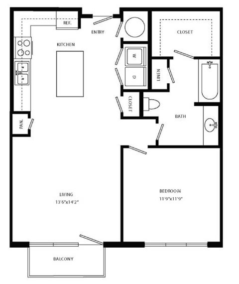 Floor plan for 1 bed, 1 bath, 812 sqft